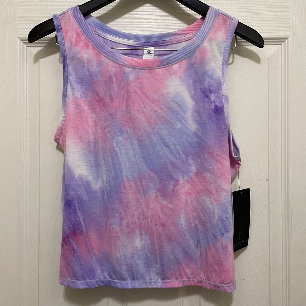 NEW 90 Degree By Reflex Cropped Athletic Tank Top Tie Dye Purple Pink Large NWT